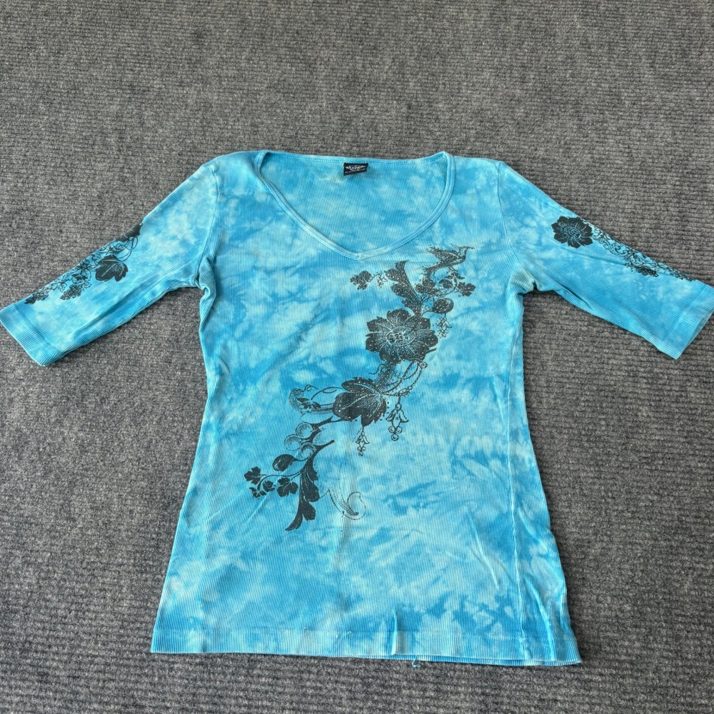 Sledge USA Blue Tie Dye V-Neck Ribbed Graphic Top 3/4 Sleeve Y2K Grunge Large
